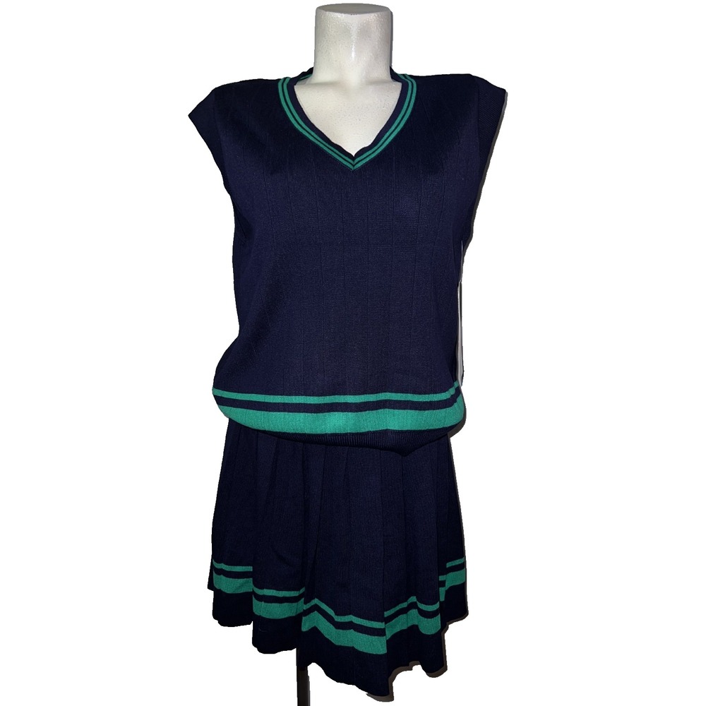 Coco Shay Navy Blue Green Varsity Stripe Knit Vest and Pleated Skirt Set 2XL NEW